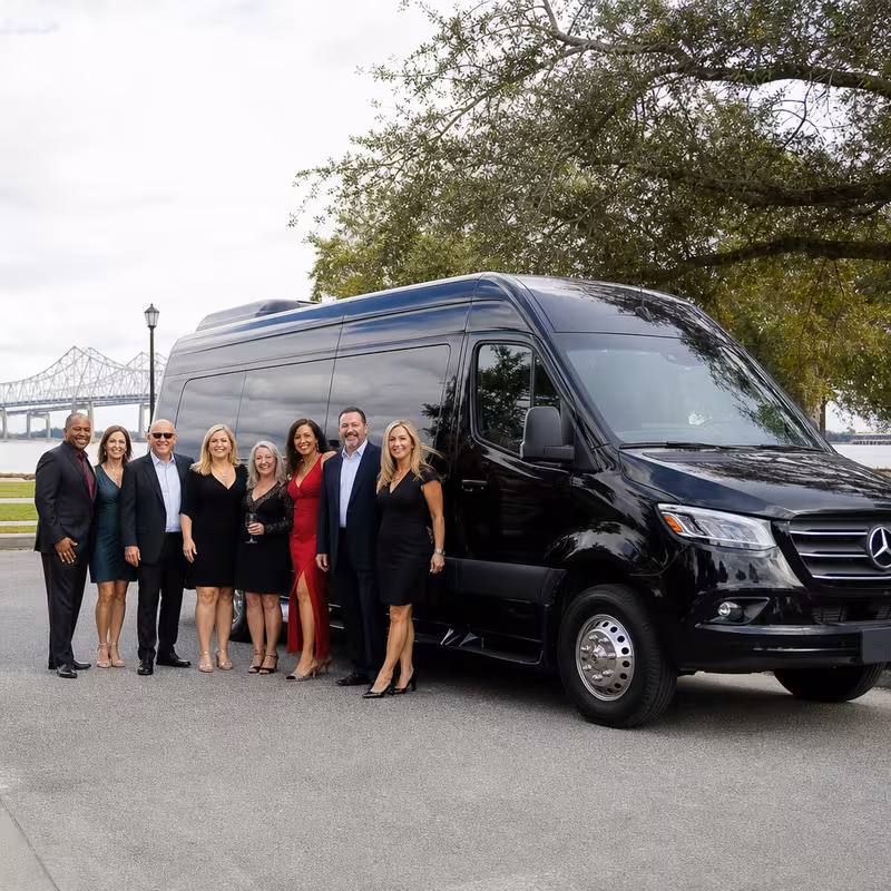 Group beside a Mercedes Sprinter limo from the Baton Rouge fleet