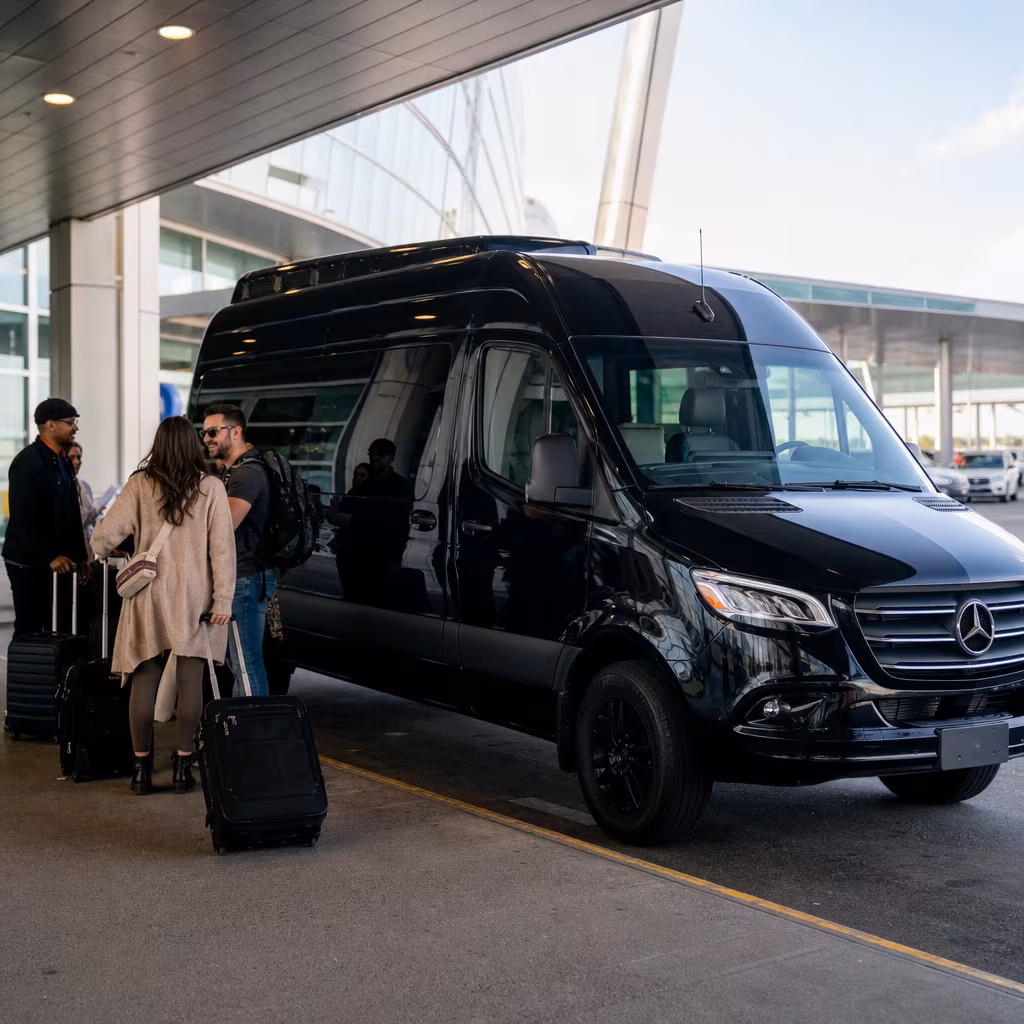 Group boarding a white charter bus for Airport Transportation transportation in Baton Rouge