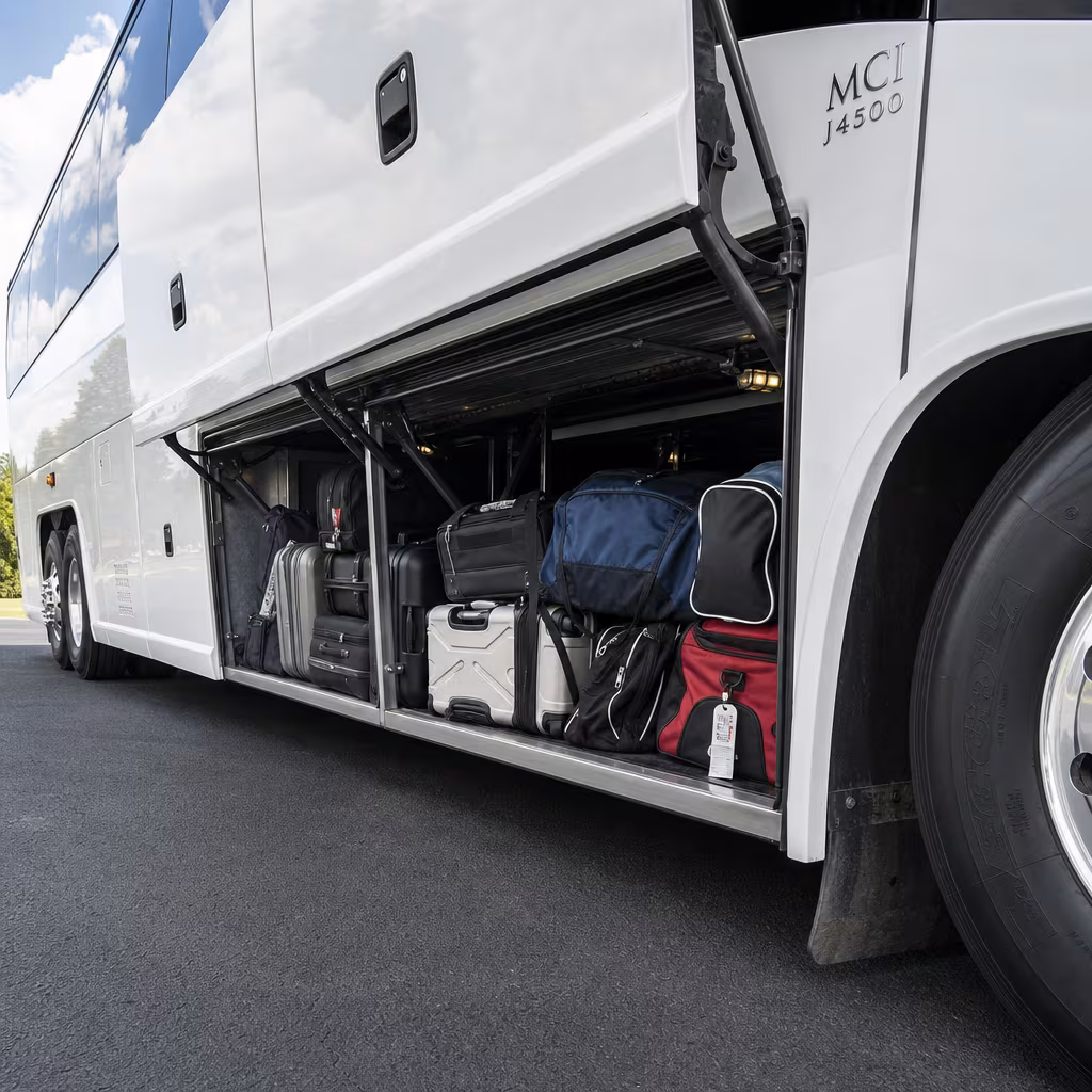 Party bus interior with wraparound leather seating and LED lighting in Baton Rouge