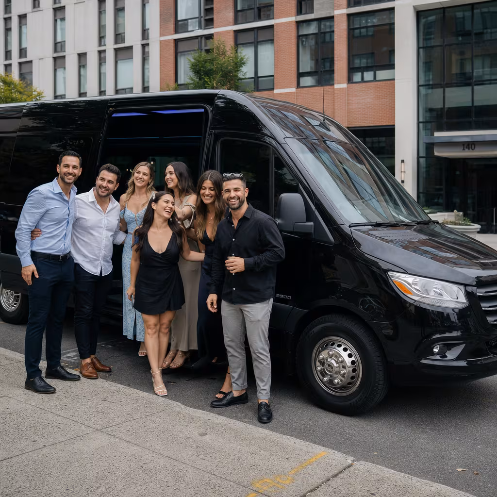 Group boarding a white charter bus for Bachelor & Bachelorette Transportation transportation in Baton Rouge