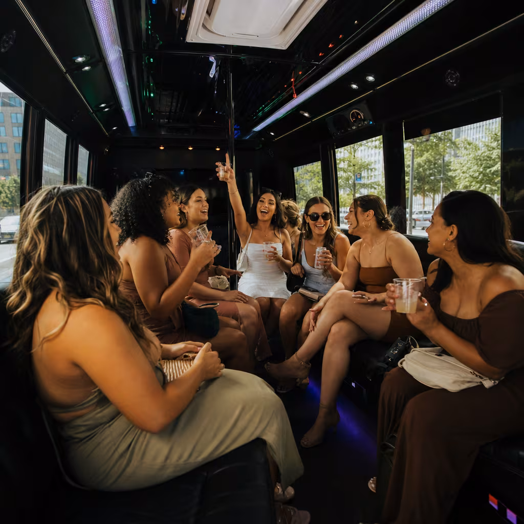 Party bus interior with wraparound leather seating and LED lighting in Baton Rouge