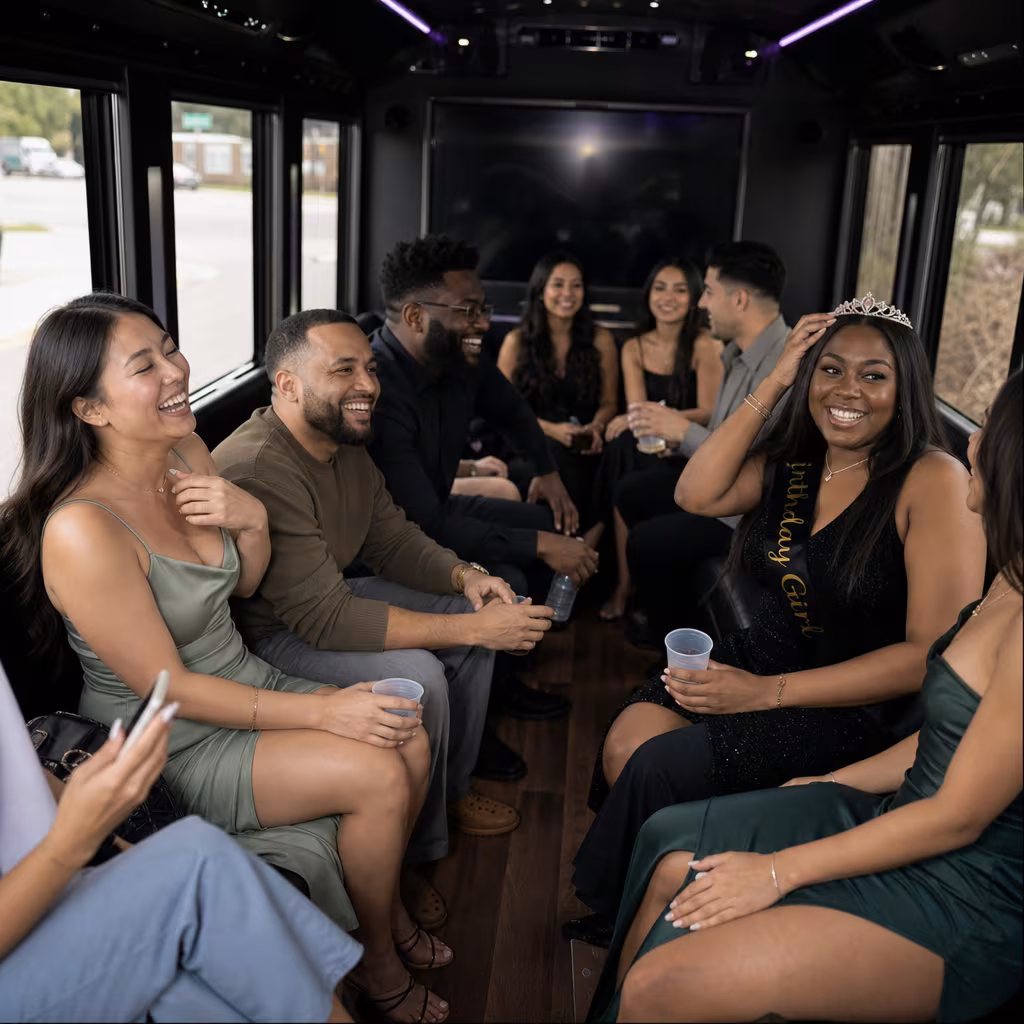 Black Mercedes Sprinter van staged for an Baton Rouge Birthday Transportation group