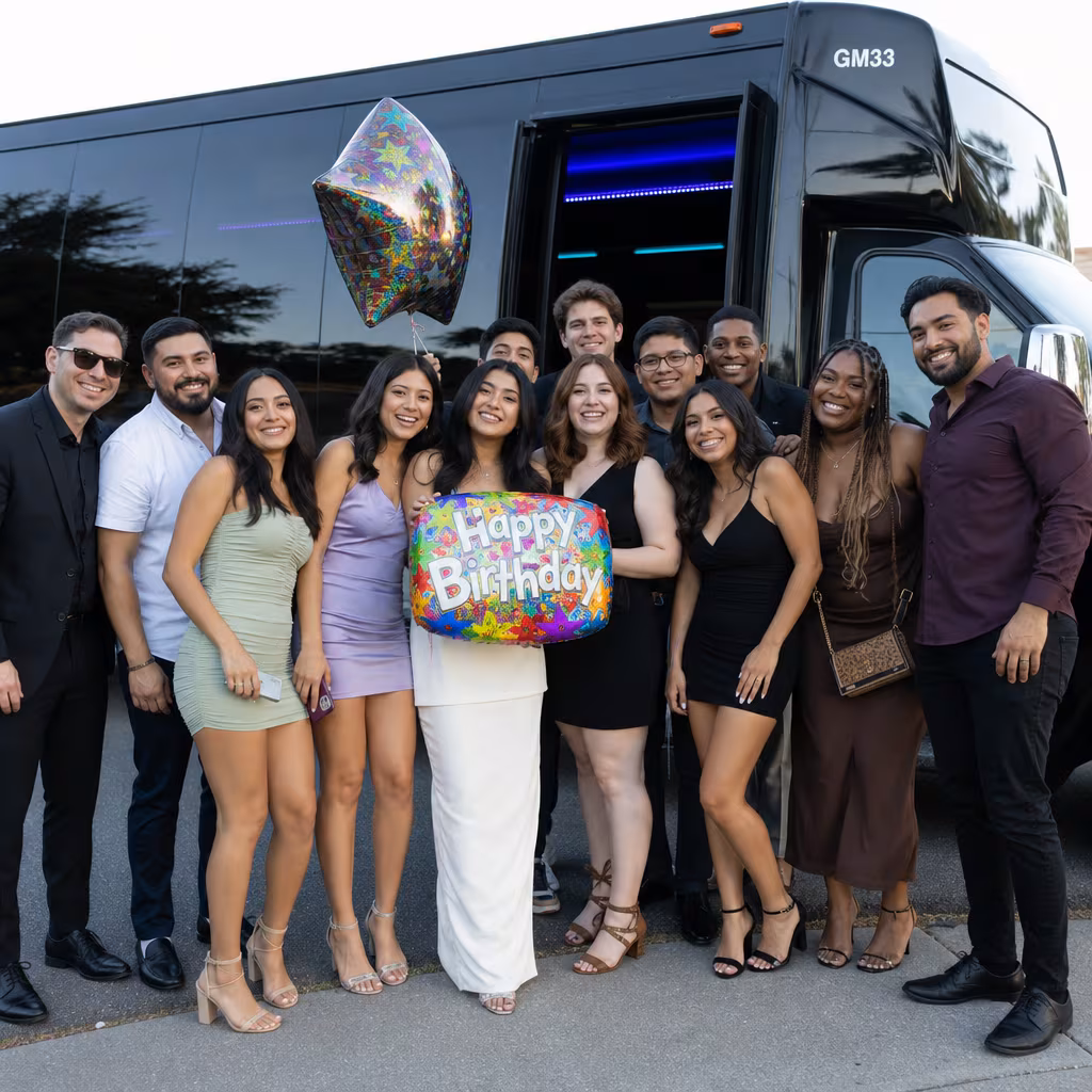 Party bus interior with wraparound leather seating and LED lighting in Baton Rouge