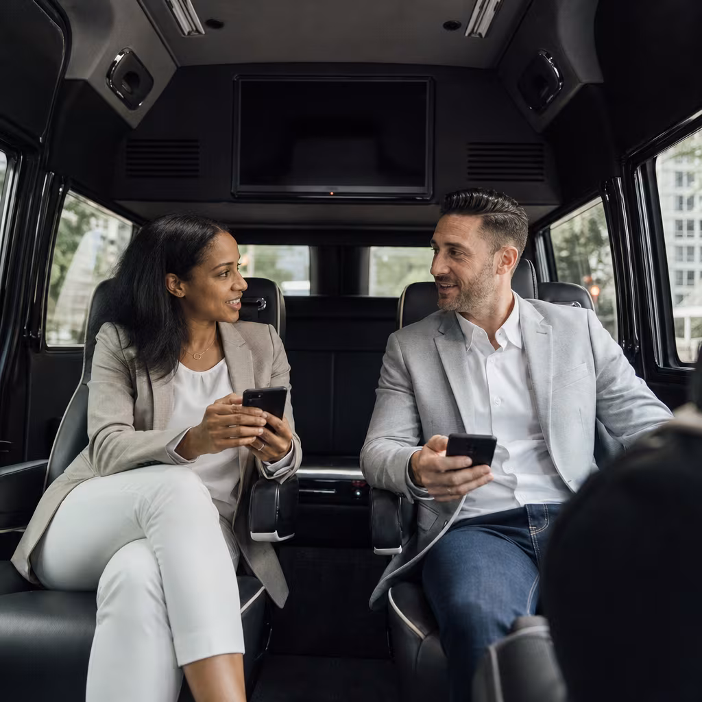 Group boarding a white charter bus for Corporate Transportation transportation in Baton Rouge