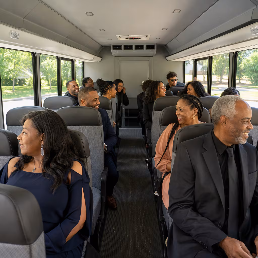Group boarding a white charter bus for Private Event Transportation transportation in Baton Rouge