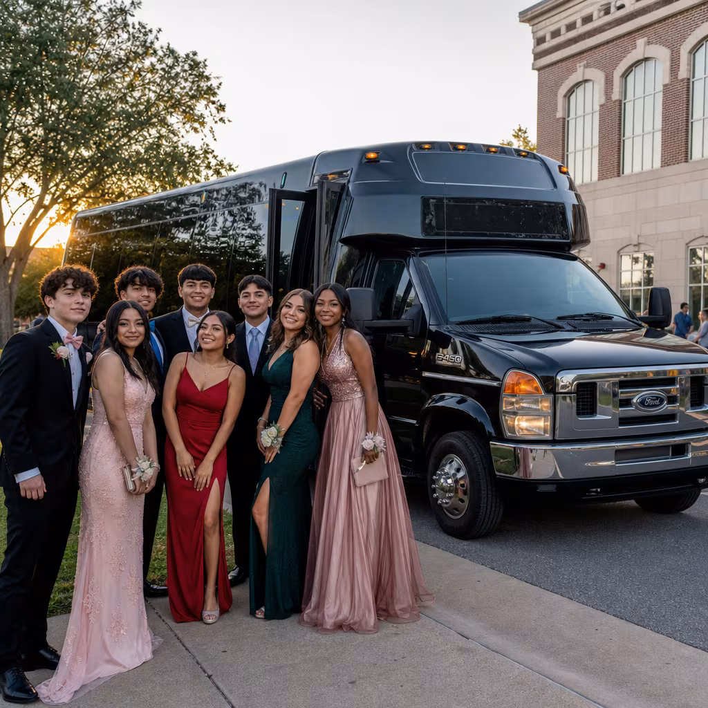 Group boarding a white charter bus for Prom & Homecoming Transportation transportation in Baton Rouge