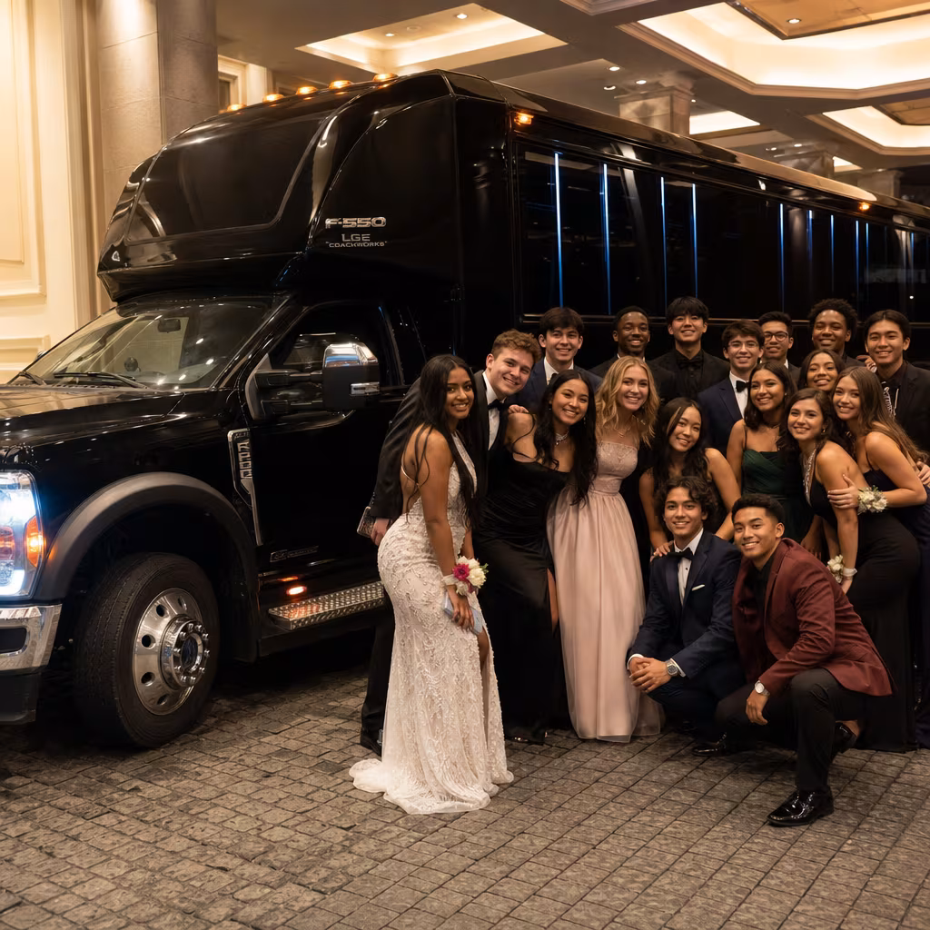 Party bus interior with wraparound leather seating and LED lighting in Baton Rouge