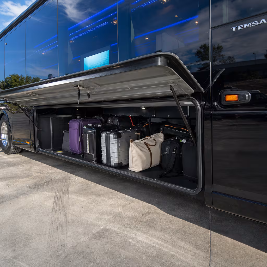 Party bus interior with wraparound leather seating and LED lighting in Baton Rouge