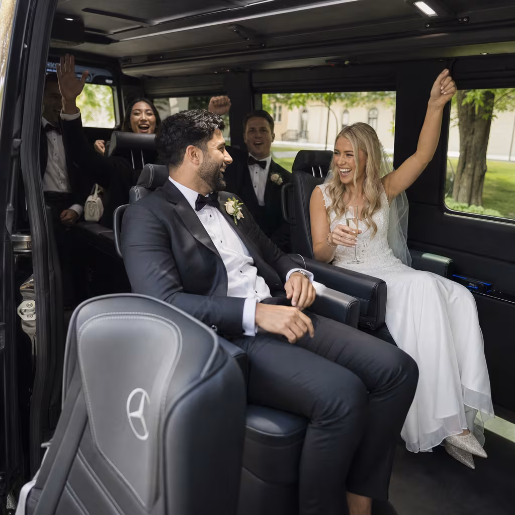 Black Mercedes Sprinter van staged for an Baton Rouge Wedding Transportation group