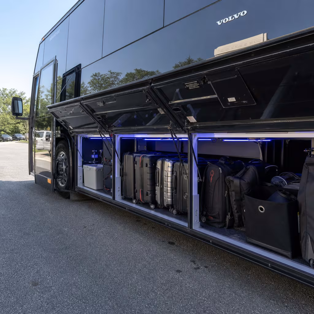 Party bus interior with wraparound leather seating and LED lighting in Baton Rouge