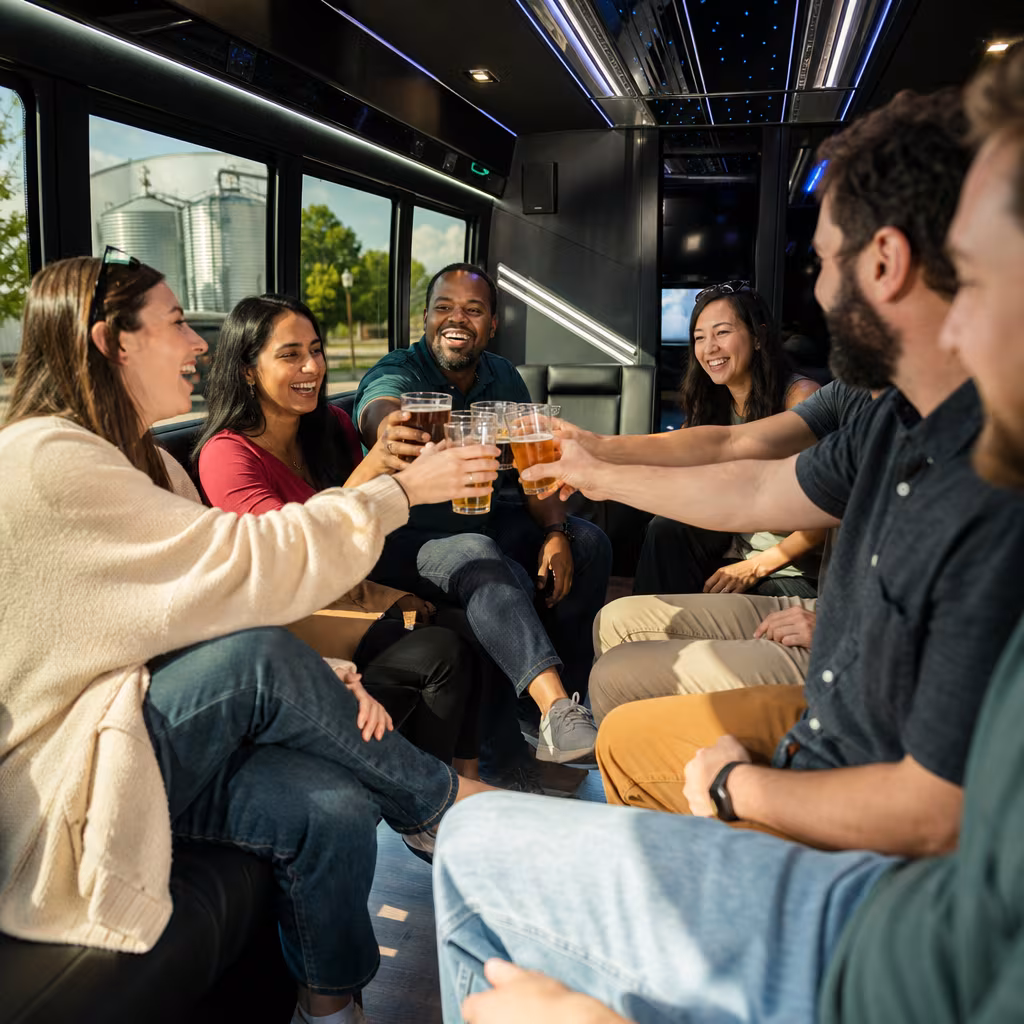 Group boarding a white charter bus for Winery & Brewery Tour Transportation transportation in Baton Rouge